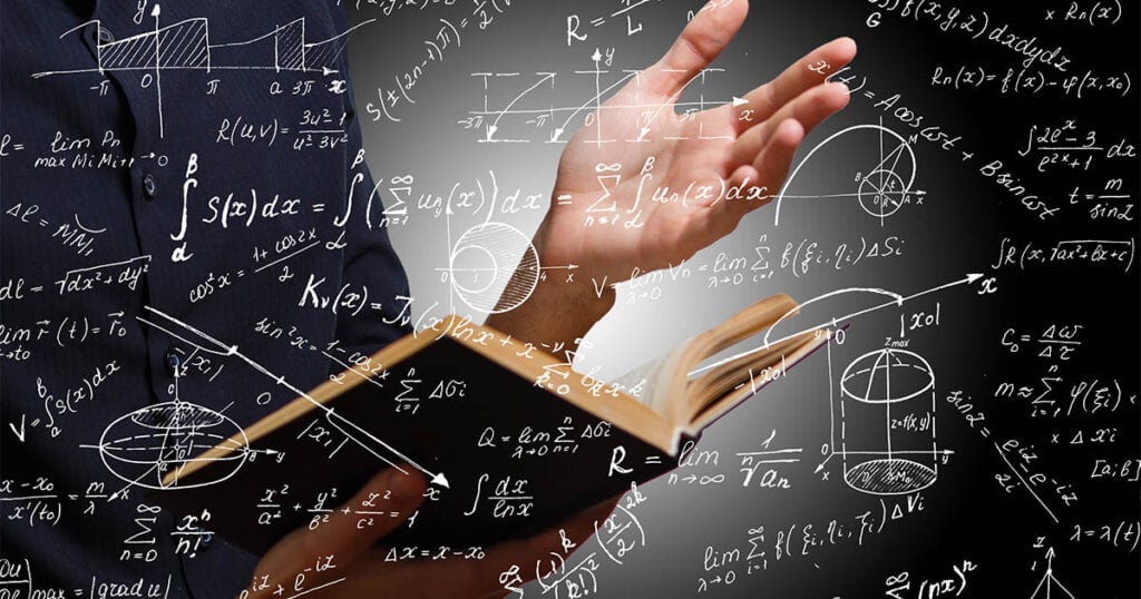 A person is holding an open book with their left hand, gesturing with their right hand. In front of them, a multitude of advanced math formulas and geometric diagrams are overlaid, including integrals, summations, 3D shapes, and algebraic equations. The background is dark and blurred. Bridging Gap Tutoring Center
