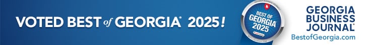 A blue banner reads “Voted Best of Georgia 2025!” with a badge saying “Best of Georgia 2025” on the right. Next to it are the words “Georgia Business Journal” and the website BestofGeorgia.com. Bridging Gap Tutoring Center