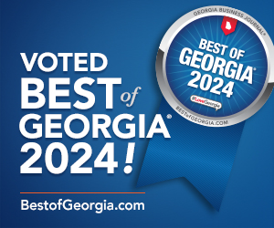 A blue graphic displays a badge reading “Best of Georgia 2024” next to large white text: “Voted Best of Georgia 2024—best tutors in GA!” A blue banner extends from the badge. At the bottom, white text reads: “BestofGeorgia.com.”. Bridging Gap Tutoring Center