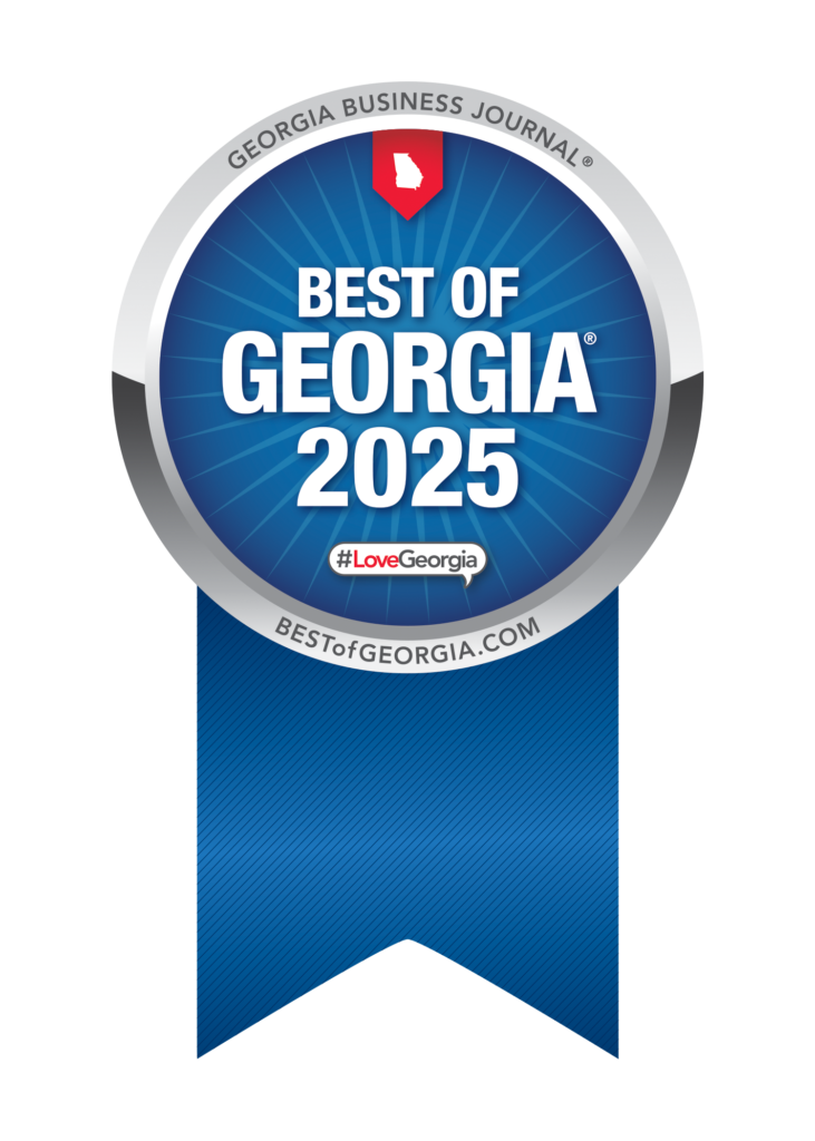 A blue award ribbon with a silver border reads “BEST OF GEORGIA 2025” in bold white text. Above, “GEORGIA BUSINESS JOURNAL” and a red state outline are visible. Below, there’s a #LoveGeorgia hashtag and the website BESTOFGEORGIA.COM. Bridging Gap Tutoring Center