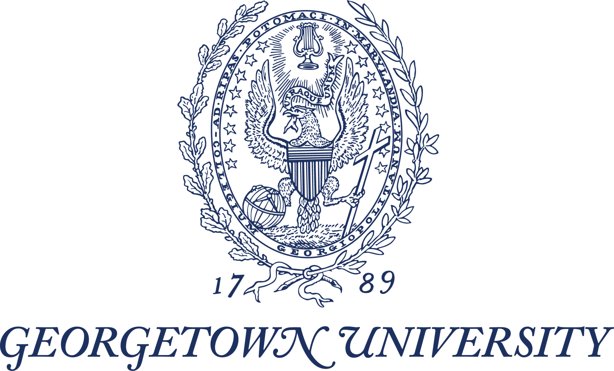 Blue-and-white seal of Georgetown University featuring an eagle with a shield, olive branch, arrows, and banner. A globe and hat are below the eagle. Latin text and stars surround the seal. “Georgetown University” is written below, with “1789” in between the words. Bridging Gap Tutoring Center