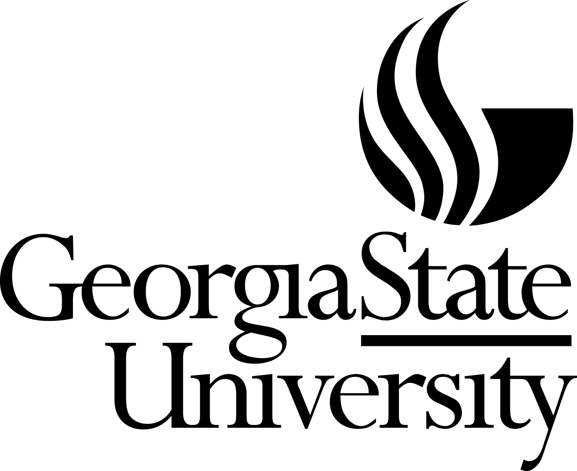 Georgia State University logo featuring the university name in black serif font, with “Georgia State” on one line and “University” beneath, underlined. Above the text is a stylized flame graphic formed by curved lines within a semicircle. Bridging Gap Tutoring Center