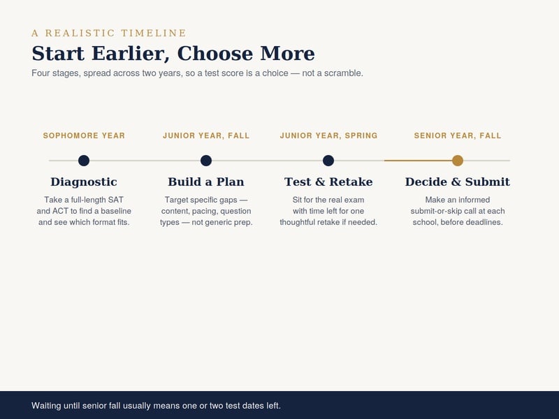 A timeline outlines four steps for college test prep: Diagnostic (sophomore year), Build a Plan (junior fall), Test & Retake (junior spring), and Decide & Submit (senior fall), each with a brief explanation below the heading. Bridging Gap Tutoring Center